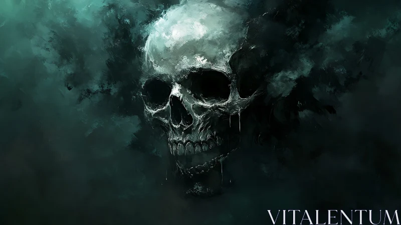 Digital painting skull emerging from abstract shadowed mist.