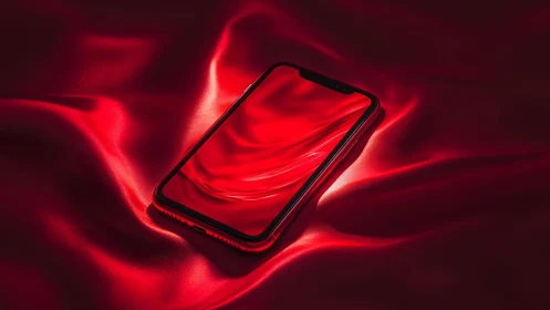 Modern smartphone on glowing red silk, luxurious digital style.