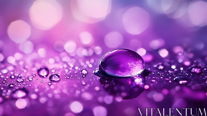 Violet water droplet macro on glittering bokeh field.