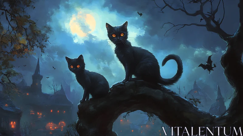 Black cats watch moonlit haunted village from twisted branch