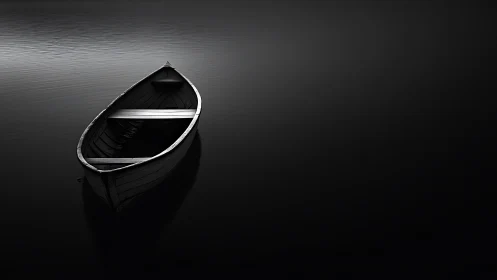 Monochrome wooden rowboat isolated on glassy dark water.
