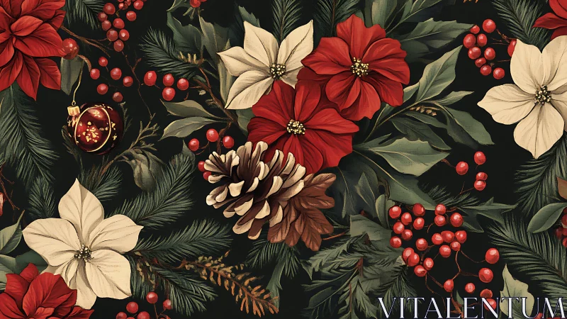 Cozy Christmas florals with berries, pinecones, and evergreen joy.