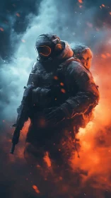 Armored soldier strides through blue and orange battle smoke.