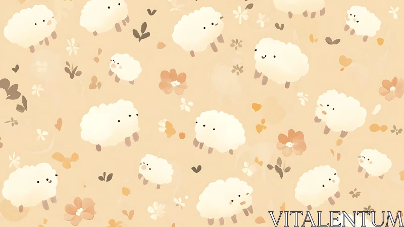 Kawaii sheep pattern with pastel floral distribution field.