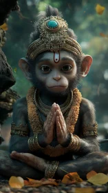 Divine monkey child sits in serene forest meditation.