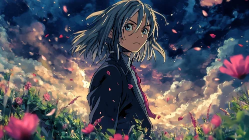 Youth stands in flower field under dense, turbulent sky