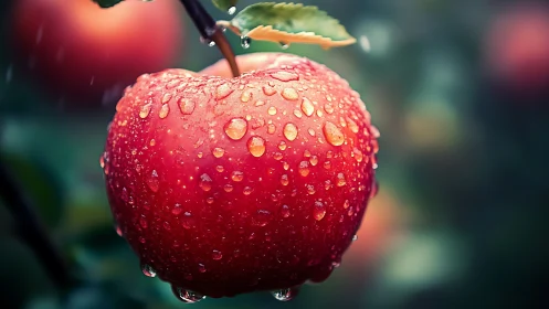 Rain-kissed red apple glowing in a quiet orchard morning.