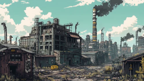 Post-apocalyptic industrial complex rendered in detailed comic style