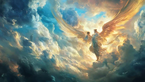 Celestial guardians ascending through radiant storm clouds.