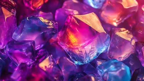 Multicolored translucent crystals under mixed lighting.