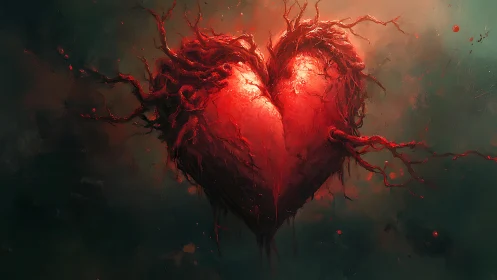 Glowing heart with branching neural pathways in dark atmosphere