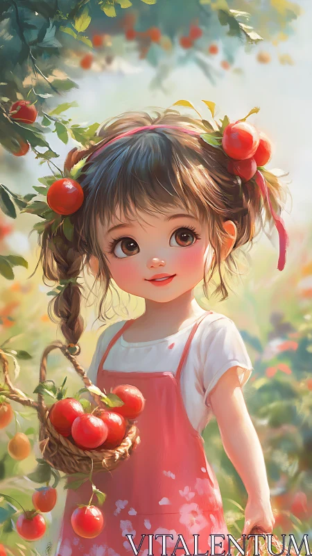 Young child with basket of red fruit in garden setting.