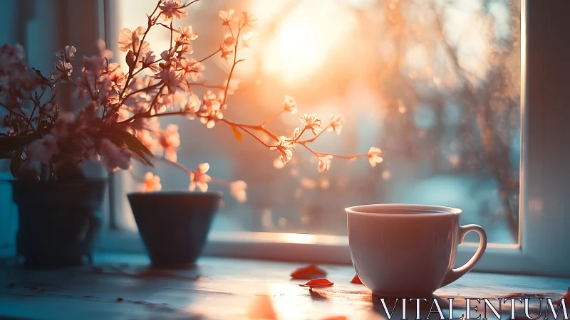 Photorealistic sunrise still life with cup and blossoms.