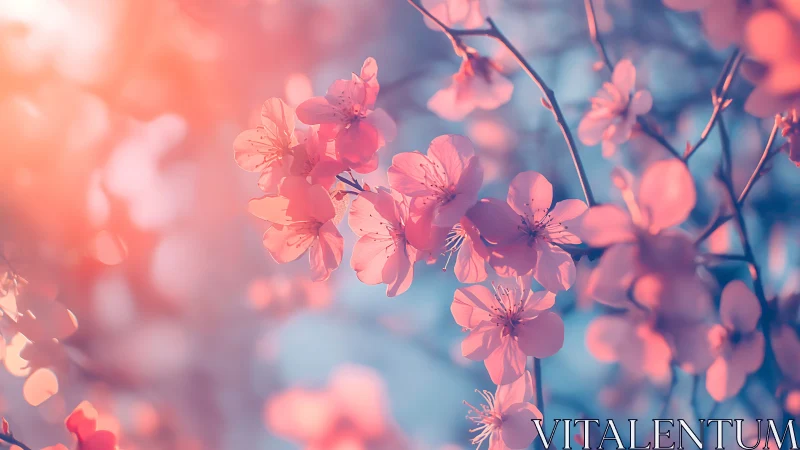 Cherry blossoms on branches with pink and blue atmospheric lighting.