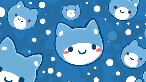 Kawaii Cats Among Floating Orbs in Serene Blue Space.