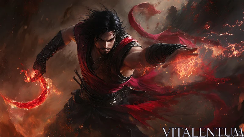 Blazing warrior unleashing twin infernos in smoky dusk storm.