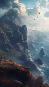 Rocky sea cliffs under clouds with coastal bird flight.