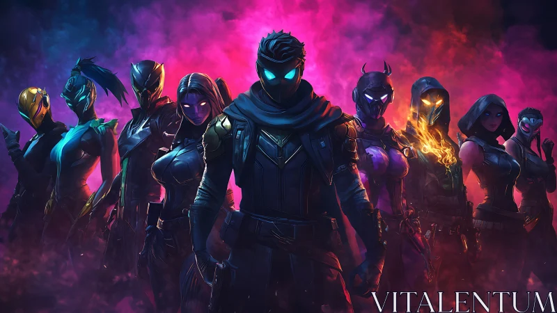 Neon-shadowed heroes gathering in a storm of color.