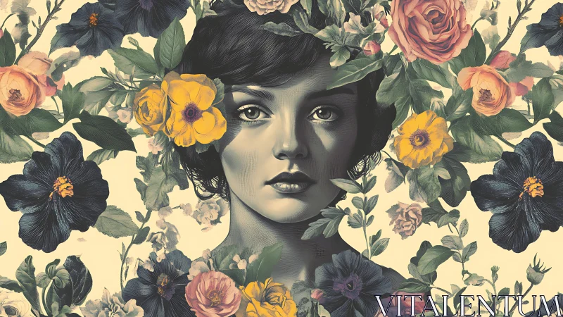 Stylized woman’s portrait framed by bold vintage flowers.