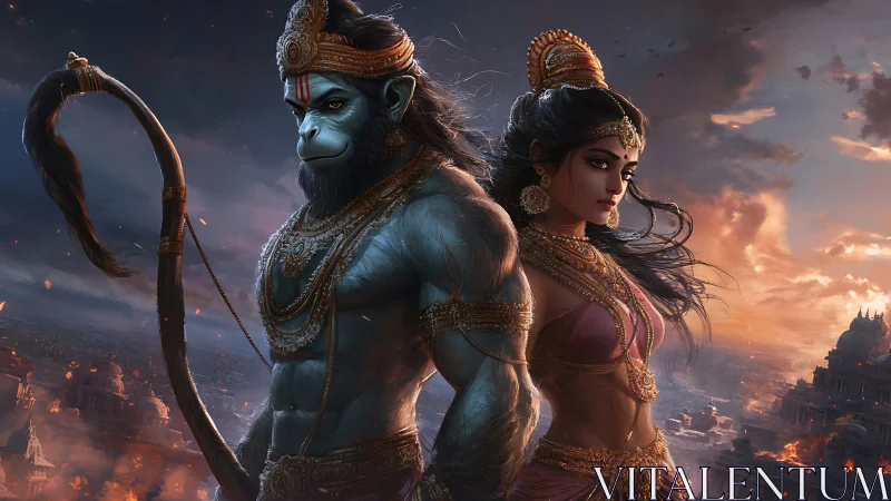 Divine warrior duo blaze against a storm of burning skies.