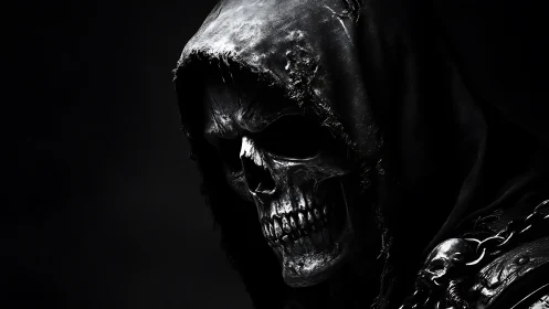 Shadowed skull in a tattered hood invites eerie curiosity