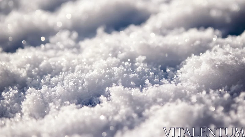 Macro depth-of-field study of sunlit crystalline snow surface.