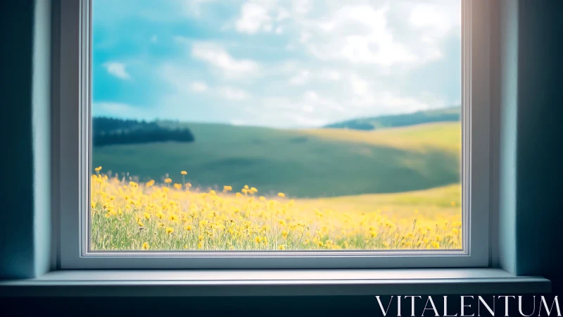 Window frame presents out-of-focus hills and flower field