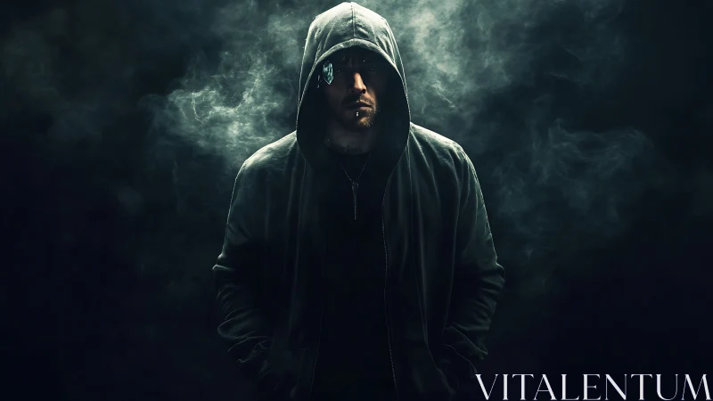 Hooded man in low key lighting surrounded by drifting smoke.