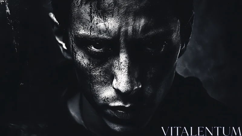 Brooding warrior portrait in gritty high contrast monochrome.