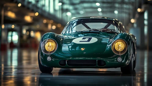 Green vintage race car in modern industrial hall.