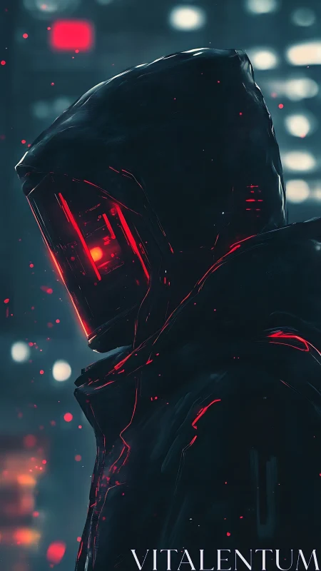Cybernetic hooded figure glows red in neon night cityscape.