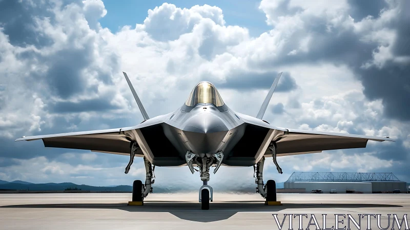 Stealth tactical fighter jet on runway under dynamic cumulus sky