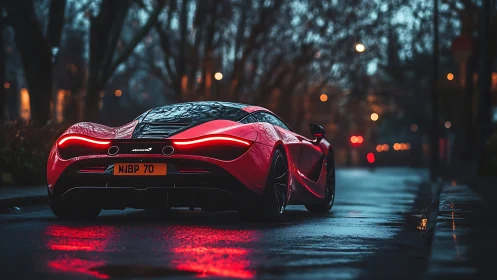Red sports car sits on wet city street at dusk