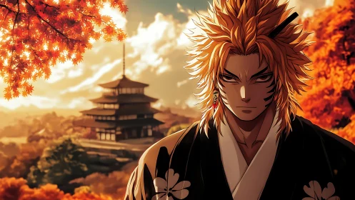 Autumn warrior portrait before pagoda under amber sky.