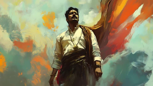 Male figure stands against diffuse abstract sky background