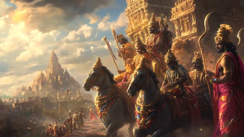 Sun-drenched warrior procession before celestial temple city.