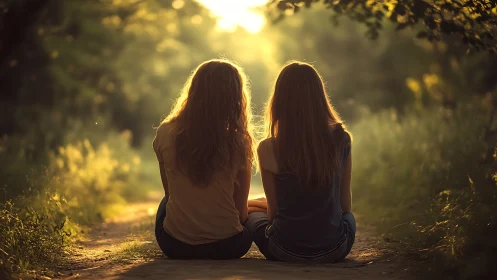 Two girls sitting on a sunlit path in a dreamy, soft-focus style.