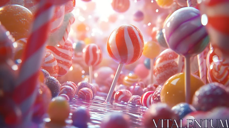 Luminous Candy Landscape: Striped Lollipops and Spheres in Golden Light.