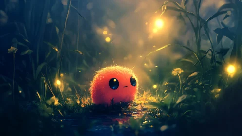 Fuzzy orange creature under glowing lights in forest path.