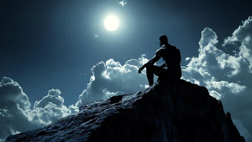 Solitary figure sits on moonlit cliff edge above dense clouds
