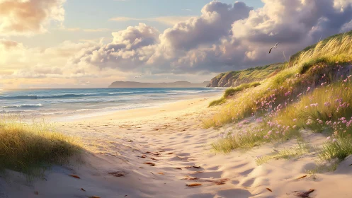 Sunlit sandy beach with grassy dunes and calm waves.