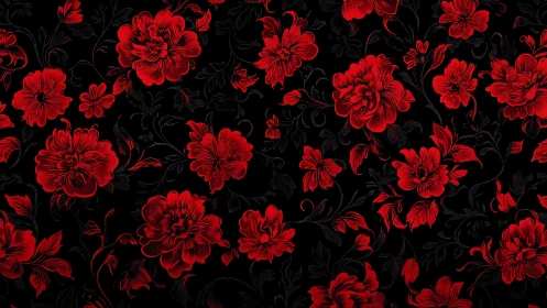 Red floral botanical pattern on black background with fine line detail.