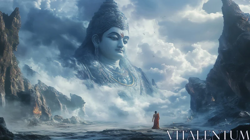 Colossal divine statue emerging from mystic mountain clouds.