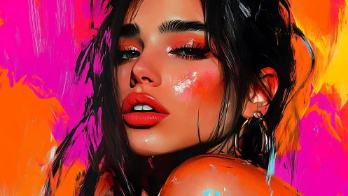 High-saturation digital portrait with glossy skin and painterly strokes