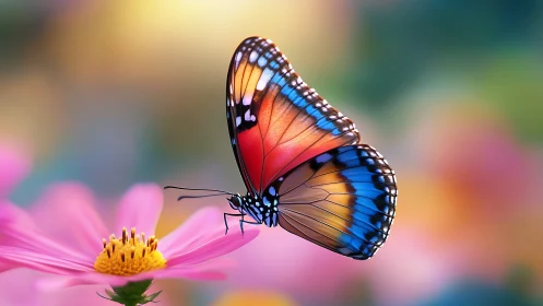 Colorful butterfly rests on pink flower in dreamy garden.