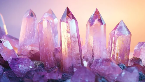 Radiant pink crystal cluster glowing in dreamy soft light.