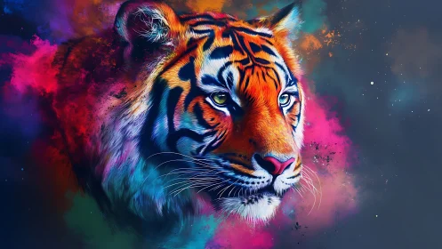 High-saturation digital tiger portrait with nebular color dispersion
