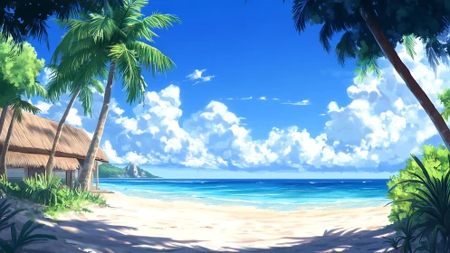 Sunlit tropical cove cradled by palms and cloud castles.