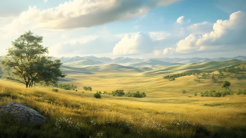 Sunlit rolling meadows stretching gently toward soft blue hills.