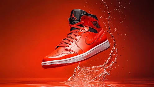 Hydrophobic crimson sneaker in dynamic splash capture.